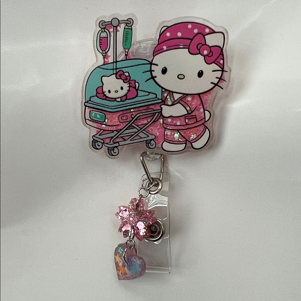 New Hello Kitty Pink Badge Reel shaker with cute charms
